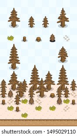 Dead coniferous tree and tree stumps for drought scene on oblique projection. Images are designed to align into square grid for easy game tile-mapping.