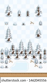 Dead conifers in winter on oblique projection for dead boreal forest winter scene. Images are designed to align into square grid for easy game tile-mapping.