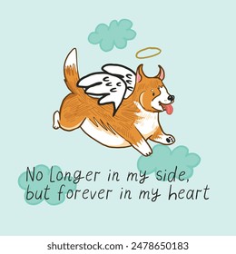 Dead corgi dog, pet loss vector illustration, memorial card.