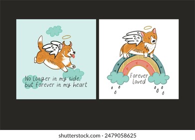 Dead corgi dog, pet loss vector illustration, memorial card.