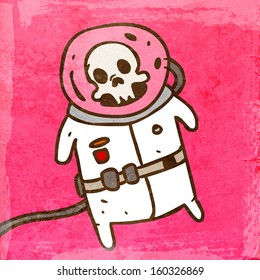 Dead Cosmonaut in a Spacesuit. Cute Hand Drawn Vector illustration, Vintage Paper Texture Background