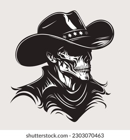 Dead cowboy in wide-brimmed hat. Zombie cowboy silhouette.  Black and white vector illustration