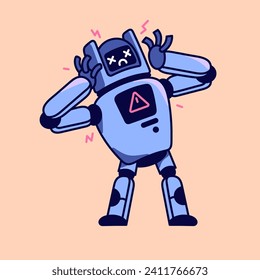 Dead cyborg with program bug. Broken robot with warning alarm symbol. Maintenance support service bot. Critical mistake, online connection error, server problems. Flat isolated vector illustration