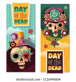 Dead day 2 colorful decorative vertical banners set with funny ornamented with flowers sculls isolated vector illustration 