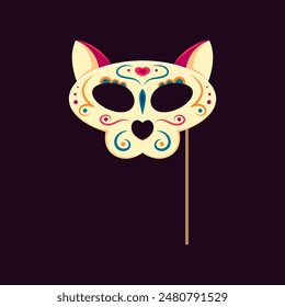 Máscara de la cabina de la foto del cráneo del azúcar del gato del día muerto con los accesorios. Día de los muertos en México. Máscara de carnaval caprichosa de Vector aislado, con bozal de gatito, agrega encanto felino a instantáneas espeluznantes