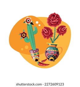 Dead day celebration colorful composition with cactus flowers and chili pepper flat vector illustration