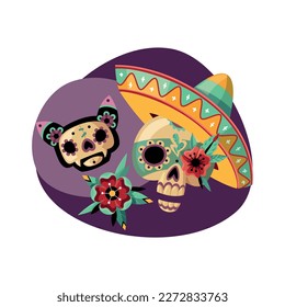 Dead day celebration flat composition with skulls flower and sombrero vector illustration