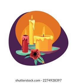 Dead day celebration flat composition with burning candles and flower vector illustration
