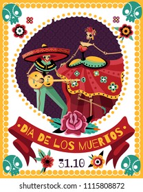 Dead day celebration party announcement poster with date and singing couple skeletons in colorful costumes vector illustration  