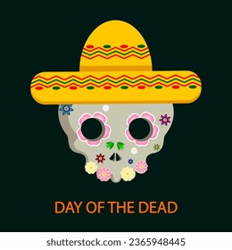 Dead day Dia de los Muertos skull with flowers in hat, vector art illustration.