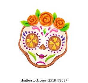 Dead Day and Dia de Los Muertos Mexican holiday skull cookie biscuit or cake, cartoon vector. Mexican calavera skull cookie with caramel marigold flowers for sweet pastry dessert on Dead Day holiday