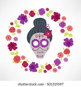 Dead day (Dia de los muertos) greeting card. Scull and flower wreath.