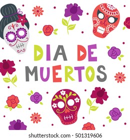 Dead day (Dia de los muertos) greeting card. Sculls and roses