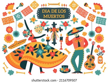 Dead day festival with colorful symbols of mexican holiday and people wearing traditional costumes and skull masks flat vector illustration