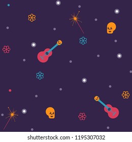 Dead day festival pattern with main holiday symbols Sparkler, skull, flowers, candles, guitar. Vector illustration