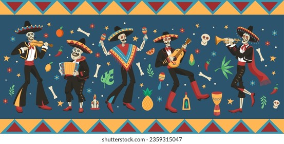 Dead Day. Halloween in Mexico. Traditional celebration. Mexican party with skulls and bones. Musicians with guitars and violins. Death skeleton. Catrina and music. Vector tidy background