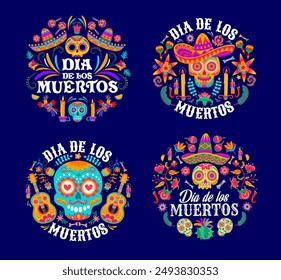 Dead day Mexican holiday, dia de los Muertos round emblems. Isolated vector labels with calavera sugar skulls, burning candles, cacti plants and flowers, bones, sombrero, guitar and hummingbirds