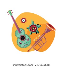 Dead day mexican holiday flat composition with traditional musical instruments and flowers vector illustration