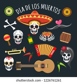 Dead day. November mexican holiday dia de los muertos, day of the dead, elements with dead sugar skulls, vector illustration