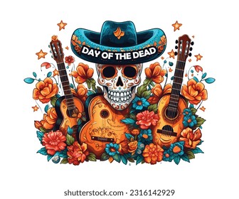 Dead day party, sugar skull or halloween holiday. Traditional mexican music festival, fun bright dance vector characters. Halloween Dia De Los Muertos Celebration.