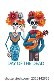 Dead day party, sugar skull or halloween holiday. Traditional mexican music festival, fun bright dance vector characters. Halloween Dia De Los Muertos Celebration.