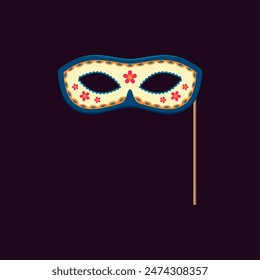 Dead day photo booth mask with props. Mexican dia de los muertos holiday vibrant and intricate disguise, adorned with colorful patterns and symbolic motifs, capturing the essence of celebratory event