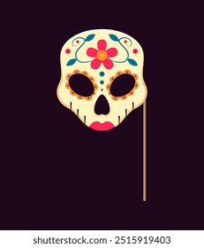 Máscara de cabina de fotos del día muerto con accesorios. Calavera de azúcar de vacaciones mexicana día de los muertos. Máscara de cabeza de calaca femenina de Vector para celebrar, adornada con patrones intrincados, flores coloridas y labios rojos