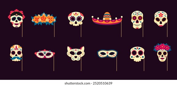 Máscaras del fotomatón del día muerto con atrezzo. Vector de vacaciones mexicano día de los muertos conjunto de calaveras, sombrero, corona floral y cabeza de gato. Sonrisas espeluznantes y sonrisas esqueléticas para la celebración del más allá