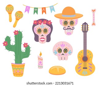The dead day. Set of mexican holiday including skulls, sombrero, music instruments. Vector Illustration for printing, backgrounds, covers and packaging. Isolated on white background.