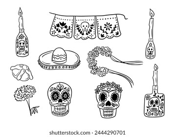 The Dead day sketchy contour drawing set. Vector black outline drawings isolated on white background. Ideal for decoration, stickers, tattoo, pattern