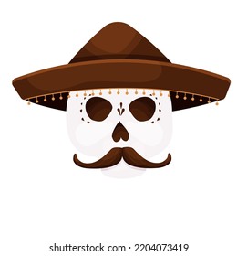 Dead day, skull decorated with traditional hat and mustache, mask,Halloween celebration in cartoon style isolated on white background