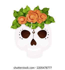 Dead day, skull decorated with traditional flowers, mask,Halloween celebration in cartoon style isolated on white background