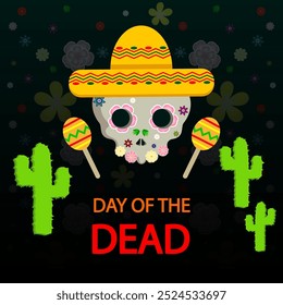 Dead day skull flowers hat cactus, vector art illustration.