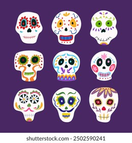 Dibujos animados del conjunto del cráneo del día muerto. Azúcar de Halloween, celebración del esqueleto, signo del cráneo del día muerto de Holi del partido. Ilustración vectorial aislada del símbolo