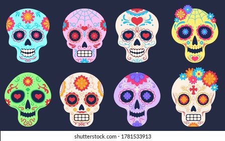 Calaveras del día muerto. Decoración de los muertos con flores y cráneos, tatuajes florales, juego de vectores tradicionales de los festivales mexicanos. Celebración de las fiestas de la muerte, calavera con adorno brillante