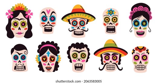 Calaveras del día muerto. Decoración diferente de los cráneos de azúcar de machos y hembras mexicanos, sombreros, coronas florales y bigote, esqueletos de calavera con flores brillantes y hojas aisladas vectoriales