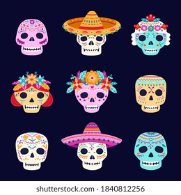 Calaveras del día muerto. esqueleto mexicano, cráneo con sombrero de latinas con sombrero mexicano. Aterradores elementos de halloween, temblorosos rostros de muerte con un vector de flores