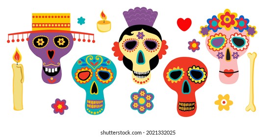 Dead day skulls. Mexican sugar human head bones halloween tattoo dia de los muertos vector set. Dia de los muertos. Design elements for poster, postcard, flyer, banner. Vector illustration