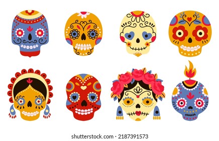 Dead Day Skulls. Sugar Scary Skull Dia De Los Muertos. Mexico Cartoon Totem Logo In Hat And Flower Wreaths. Mexican Festival Nowaday Spooky Vector Elements