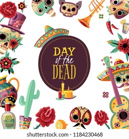 Dead day square frame poster with event symbols decorative border guitar scull in sombrero cactus vector illustration 