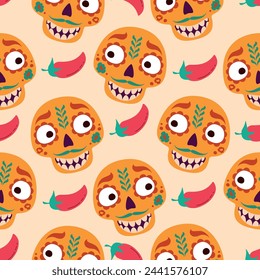 Dead day Sugar scary skull dia de los muertos. Mexico cartoon totem. vector seamless pattern