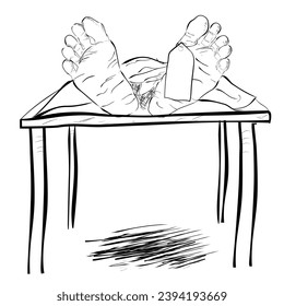 dead death body at bed with lable, vector hand draw sketch
