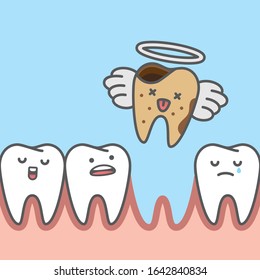 Dead decay tooth missing go to heaven illustration cartoon character vector design on blue background.  Dental care concept.