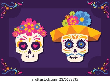 of the dead, Dia de los moertos, banner with colorful Mexican flowers. Fiesta, holiday poster, party flyer, greeting card