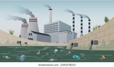 dead and dirty river in factory area illustration, Water pollution with industry waste in river, water by industrial production, environmental damage, pouring toxic waste chemicals