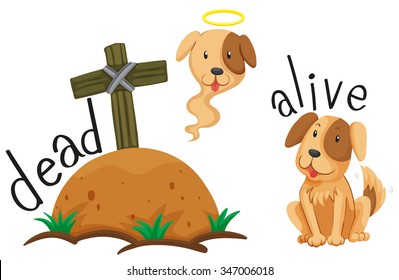 Dead dog under the ground and dog alive illustration