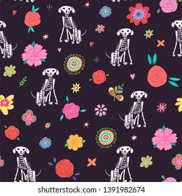 Dead dogs Day of the Dead. Vector line illustrations seamless pattern with flowers on dark background. 