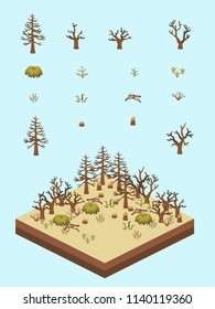 Dead and dry tree, bushes, and grasses for game-style isometric forest in drought scene.