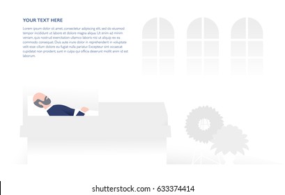 Dead elderly man are lying in a open coffin.The funeral and the church services concept. Vector flat illustration. Horizontal banner with place for your text.