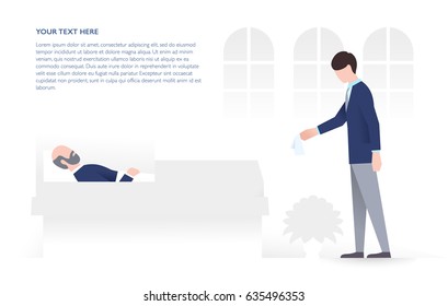 Dead elderly man lying in open coffin. Next to him standing his heartbroken son. Funeral and the church services concept. Vector flat illustration. Horizontal banner with place for your text.